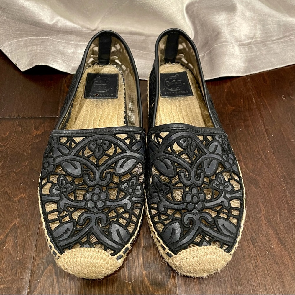 Tory Burch navy & black lace patterned espadrilles